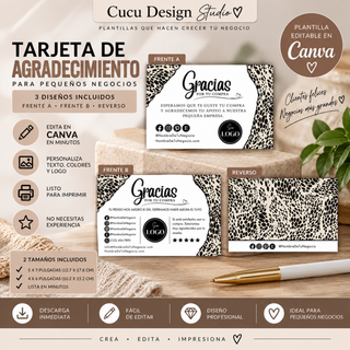 Plantilla de tarjeta de agradecimiento para pequeños negocios editable en Canva, con tres diseños y tamaños de 5 x 7 y 4 x 6 pulgadas.
