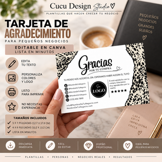 Plantilla de tarjeta de agradecimiento editable en Canva para pequeños negocios, mostrada en formato impreso y personalizada con logotipo.
