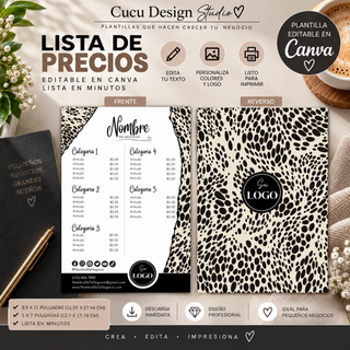 Plantilla de lista de precios editable en Canva para negocios, con diseños de frente y reverso y tamaños de 8.5 x 11 y 5 x 7 pulgadas.