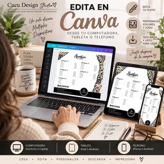 Plantillas editables en Canva para computadora, tableta y teléfono, mostrando una lista de precios personalizada en diferentes dispositivos.