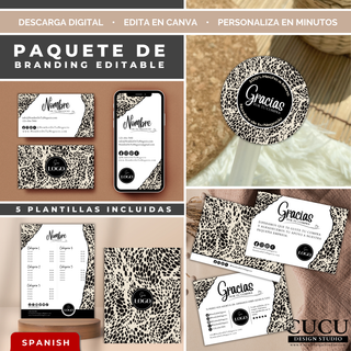 Vista previa del paquete de branding editable para negocios pequeños con diseño animal print en tonos neutros. El paquete incluye tarjeta de presentación, tarjeta digital para celular, stickers redondos de agradecimiento, lista de precios y tarjetas de agradecimiento editables en Canva. Plantillas modernas y elegantes ideales para emprendedoras, boutiques, repostería, negocios handmade y marcas femeninas. Descarga digital instantánea y fácil de personalizar.