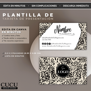 Plantilla editable de tarjeta de presentación para negocios con diseño moderno animal print en colores beige, negro y blanco. Incluye frente y reverso personalizable con logo, redes sociales, correo electrónico y sitio web. Editable en Canva desde celular, computadora o tablet. Ideal para pequeños negocios, boutiques y emprendedoras.
