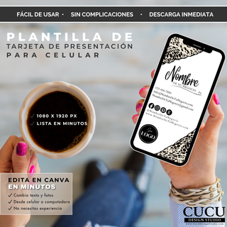 Plantilla editable de tarjeta digital para celular con diseño animal print minimalista. Ideal para compartir información de negocio por WhatsApp, Instagram o redes sociales. Editable en Canva y compatible con dispositivos móviles. Perfecta para negocios modernos y emprendedoras.