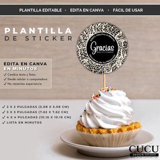 Plantilla editable de sticker redondo de agradecimiento con diseño elegante animal print. Incluye tamaños de 2x2, 3x3 y 4x4 pulgadas. Perfecto para empaques, repostería, regalos, boutiques y pequeños negocios. Editable fácilmente en Canva.