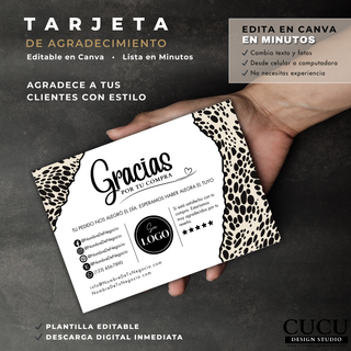 Plantilla editable de tarjeta de agradecimiento para clientes con diseño animal print moderno. Incluye espacio para redes sociales, logo y mensaje personalizado. Ideal para agradecer compras y fortalecer la imagen profesional de tu negocio.