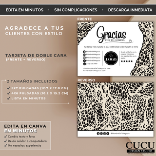 Tarjeta de agradecimiento editable de doble cara con diseño elegante y moderno. Incluye frente personalizado y reverso con patrón animal print. Compatible con Canva y perfecta para boutiques, negocios handmade y pequeños emprendimientos.