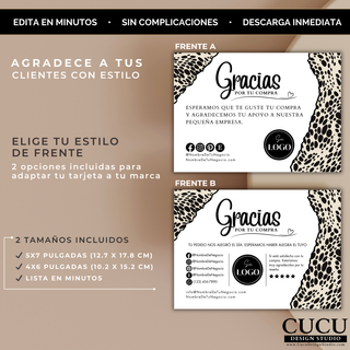 Vista previa de dos estilos diferentes de tarjetas de agradecimiento editables. Diseños modernos y minimalistas con estampado animal print y espacio para personalizar logo, mensaje y redes sociales en Canva.