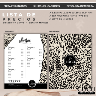 Plantilla editable de lista de precios para negocios con diseño elegante animal print. Incluye formato vertical profesional para mostrar productos y precios de manera organizada. Ideal para salones, boutiques, repostería y pequeños negocios.