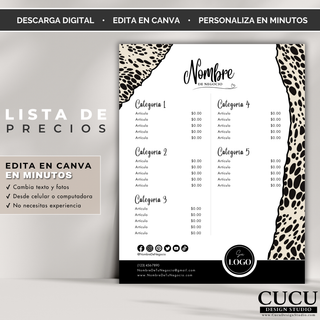 Diseño individual de lista de precios editable en Canva con estilo moderno y elegante. Incluye categorías, precios y espacio para logo y redes sociales. Fácil de personalizar y listo para imprimir o compartir digitalmente.