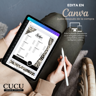 Imagen informativa mostrando cómo editar las plantillas en Canva desde tablet, computadora o celular. Fácil de usar, ideal para principiantes y pequeños negocios que buscan personalizar su branding rápidamente.