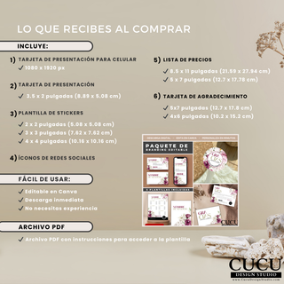 Imagen detallada mostrando todo lo incluido en el paquete de branding editable: tarjeta digital, tarjeta de presentación, stickers, lista de precios, tarjetas de agradecimiento e íconos para redes sociales. Descarga digital instantánea editable en Canva.