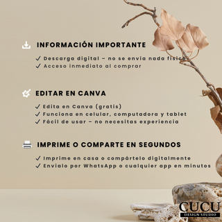 Imagen informativa sobre cómo funciona la descarga digital y edición en Canva. Explica acceso inmediato, compatibilidad con celular y computadora, y facilidad de uso para imprimir o compartir digitalmente.