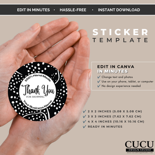 Round sticker template Canva design available in multiple sizes for small business packaging and branding. / Diseño de etiqueta redonda para Canva disponible en varios tamaños para empaques y branding de pequeños negocios.