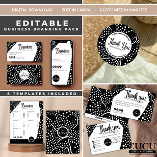 Business branding pack Canva template bundle including business card, mobile card, stickers, thank you card and price list templates. / Paquete de identidad de marca para negocios en Canva que incluye tarjeta de presentación, tarjeta móvil, etiquetas, tarjeta de agradecimiento y lista de precios.