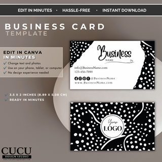 Editable business card Canva template with modern black and white branding design and customizable logo section. / Plantilla editable de tarjeta de presentación en Canva con diseño moderno en blanco y negro y espacio para logotipo personalizable.