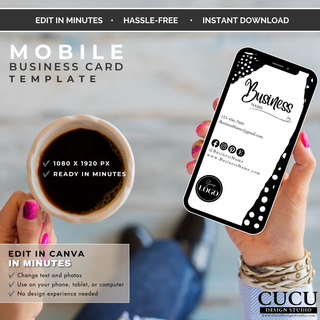 Mobile business card Canva template optimized for smartphones with editable business information and logo. / Plantilla de tarjeta de presentación móvil para Canva optimizada para teléfonos inteligentes con información editable del negocio y logotipo.