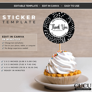 Custom thank you sticker Canva template displayed on cupcake packaging for customer appreciation branding. / Plantilla de etiqueta de agradecimiento para Canva mostrada en un cupcake para branding y agradecimiento a clientes.