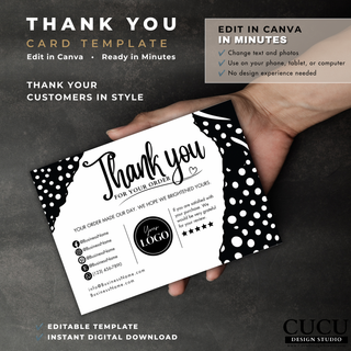 Editable thank you card Canva template designed for small businesses to include branding and customer appreciation messages. / Plantilla editable de tarjeta de agradecimiento en Canva diseñada para pequeños negocios con mensajes de agradecimiento y branding.