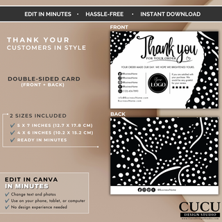 Double-sided thank you card Canva template showing front and back designs in two printable sizes. / Plantilla de tarjeta de agradecimiento a doble cara en Canva mostrando diseños frontal y posterior en dos tamaños imprimibles.