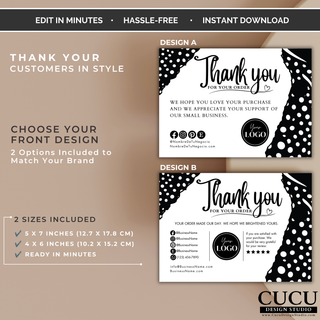 Small business thank you card Canva template featuring two front design options for personalized branding. / Plantilla de tarjeta de agradecimiento para pequeños negocios en Canva con dos opciones de diseño frontal para personalización.
