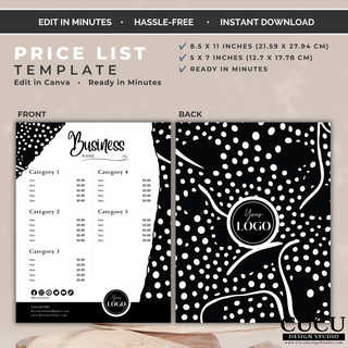 Editable price list Canva template with front and back layouts for products, services, and menu pricing. / Plantilla editable de lista de precios en Canva con diseños frontal y posterior para productos, servicios y menús.