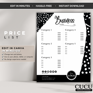 Professional price list Canva template featuring organized categories, pricing sections, and custom branding. / Plantilla profesional de lista de precios en Canva con categorías organizadas, secciones de precios y branding personalizado.