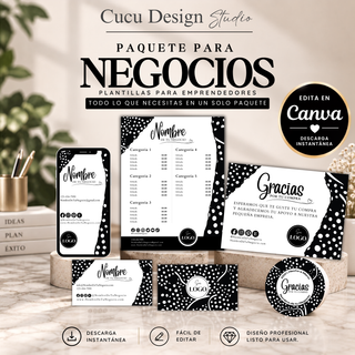 Paquete para negocios con plantillas editables en Canva para emprendedores y pequeños negocios. Incluye tarjeta de presentación, tarjeta de presentación digital para celular, lista de precios, tarjetas de agradecimiento, stickers personalizados e íconos de redes sociales. Diseño profesional en blanco, negro y beige, con descarga instantánea y plantillas fáciles de editar en Canva.