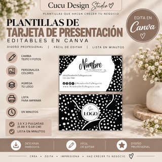 Plantillas de tarjeta de presentación editables en Canva para pequeños negocios y emprendedores. Incluye diseños profesionales de tarjeta de presentación de 3.5 x 2 pulgadas (8.89 x 5.08 cm), con espacio para nombre del negocio, información de contacto, redes sociales y logotipo. Permite cambiar texto, fotografías, colores y agregar el propio logo. Lista para personalizar, descargar e imprimir.