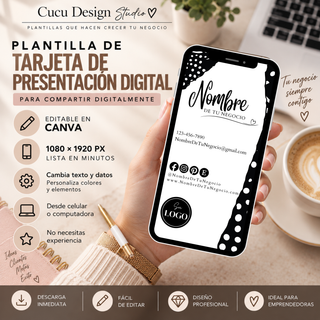 Plantilla de tarjeta de presentación digital editable en Canva, diseñada para compartir información de un negocio desde el teléfono, computadora o tablet. Formato vertical de 1080 x 1920 píxeles, con espacio para nombre del negocio, teléfono, correo electrónico, sitio web, redes sociales y logotipo. Fácil de personalizar sin experiencia previa y adecuada para compartir digitalmente.