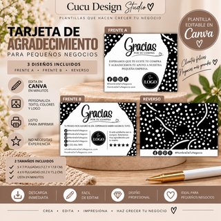 Plantilla de tarjeta de agradecimiento para pequeños negocios, editable en Canva. Incluye tres diseños: frente A, frente B y reverso, con espacio para mensaje de agradecimiento, redes sociales, información de contacto, logotipo y solicitud de reseña. Disponible en tamaños de 5 x 7 y 4 x 6 pulgadas. Diseño profesional para personalizar, imprimir y utilizar con pedidos y clientes.
