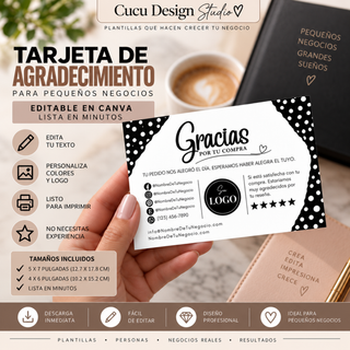 Tarjeta de agradecimiento para clientes de pequeños negocios, mostrada en una mano como ejemplo de presentación. Plantilla editable en Canva con espacio para mensaje de agradecimiento, información de contacto, redes sociales, logotipo y solicitud de reseña. Disponible en tamaños de 5 x 7 y 4 x 6 pulgadas. Diseño profesional listo para personalizar e imprimir y agregar a pedidos o paquetes de clientes.