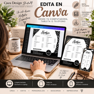 Plantillas de negocios editables en Canva desde computadora, tablet o teléfono. La imagen muestra una lista de precios siendo personalizada en Canva desde una laptop, tablet y teléfono, demostrando que las plantillas pueden editarse desde diferentes dispositivos. Permite cambiar textos, colores, imágenes y logotipo, guardar el diseño y descargarlo para uso digital o impresión.