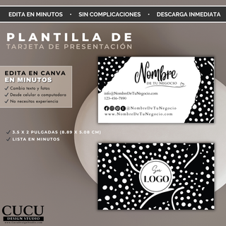 Plantilla editable de tarjeta de presentación para negocio con diseño minimalista en blanco y negro. Muestra frente y reverso de la tarjeta con información de contacto, redes sociales y espacio para logo personalizable en Canva.

EN: Editable business card template with a minimalist black-and-white design. Displays front and back layouts with contact information, social media icons, and customizable logo space editable in Canva.
