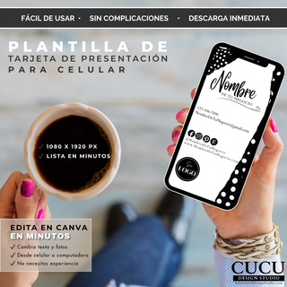 ES: Mockup de tarjeta digital para celular editable en Canva mostrado en un teléfono móvil sostenido por una persona mientras toma café. Diseño moderno ideal para compartir información de negocio digitalmente.

EN: Mockup of an editable mobile business card displayed on a smartphone held by a person drinking coffee. Modern design ideal for sharing business information digitally.