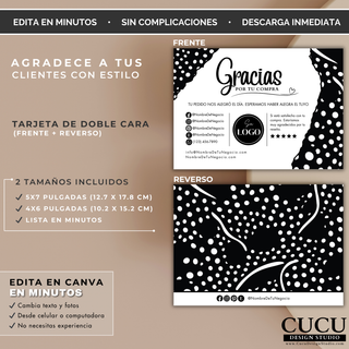 ES: Vista de frente y reverso de tarjeta de agradecimiento editable para negocios pequeños. Diseño minimalista en tonos beige, negro y blanco con espacio para información de contacto y logo.

EN: Front and back view of an editable thank you card template for small businesses. Minimalist beige, black, and white design with space for contact information and logo.