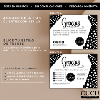 ES: Comparación de dos estilos de frente para tarjeta de agradecimiento editable en Canva. Ambas opciones incluyen diseño elegante en blanco y negro para branding de pequeños negocios.

EN: Comparison of two editable thank you card front designs in Canva. Both options feature elegant black-and-white layouts for small business branding.