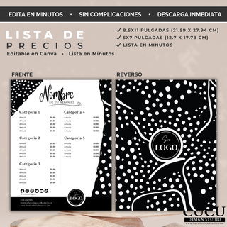 ES: Plantilla editable de lista de precios para negocios pequeños con diseño elegante en blanco y negro. Incluye categorías de productos, precios, redes sociales y espacio para logo personalizable.

EN: Editable price list template for small businesses featuring an elegant black-and-white design. Includes product categories, pricing sections, social media icons, and customizable logo space.