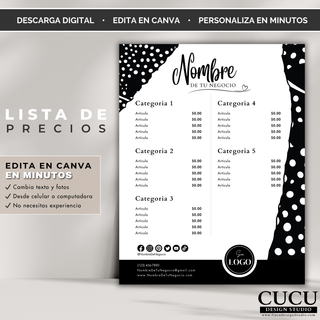 ES: Vista ampliada de plantilla editable de lista de precios con diseño minimalista en Canva. Perfecta para salones, boutiques, repostería y pequeños negocios.

EN: Enlarged view of an editable minimalist price list template in Canva. Perfect for salons, boutiques, bakeries, and small businesses.