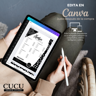 ES: Persona utilizando una tablet para editar una plantilla de lista de precios en Canva. Imagen promocional que muestra cómo personalizar fácilmente diseños desde computadora, tablet o celular.

EN: Person using a tablet to edit a price list template in Canva. Promotional image showing how designs can be easily customized from a computer, tablet, or smartphone.