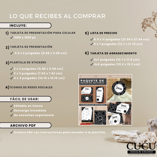 ES: Resumen visual del contenido incluido en el paquete de branding editable en Canva. Incluye tarjetas de presentación, stickers, lista de precios, tarjeta digital y tarjetas de agradecimiento.

EN: Visual summary of everything included in the editable Canva branding bundle. Includes business cards, stickers, price lists, digital business cards, and thank you card templates.