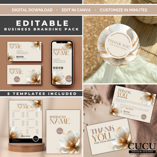 Neutral beige floral business branding pack Canva template including business card, mobile card, sticker, thank you card, and price list templates.
ES: Paquete de identidad de marca floral beige neutro para Canva que incluye tarjeta de presentación, tarjeta móvil, etiquetas, tarjeta de agradecimiento y lista de precios.