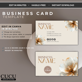 Editable floral business card Canva template with elegant white flowers and neutral beige branding design.
ES: Plantilla editable de tarjeta de presentación floral para Canva con elegantes flores blancas y diseño de marca en tonos beige neutros.
