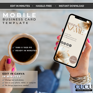 Mobile business card Canva template featuring elegant floral branding for digital business promotion.
ES: Plantilla de tarjeta de presentación móvil para Canva con elegante diseño floral para promoción digital de negocios.