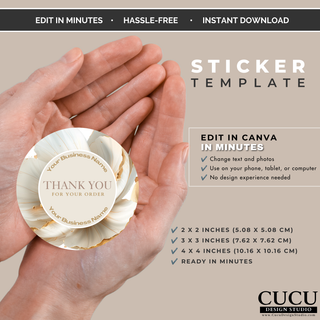 Round floral sticker Canva template with customizable business name and thank you message.
ES: Plantilla de etiqueta redonda floral para Canva con nombre de negocio y mensaje de agradecimiento personalizables.