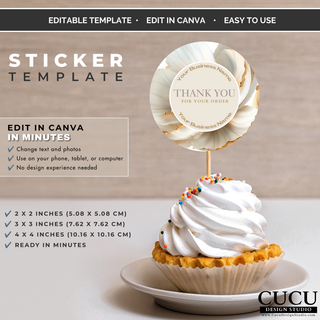 Floral thank you sticker template displayed on cupcake topper, editable in Canva for packaging and events.
ES: Plantilla de etiqueta floral de agradecimiento mostrada como adorno para cupcake, editable en Canva para empaques y eventos.