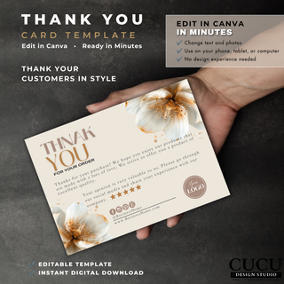 Floral thank you card Canva template designed to thank customers with a professional branded presentation.
ES: Plantilla de tarjeta de agradecimiento floral para Canva diseñada para agradecer a los clientes con una presentación profesional de marca.