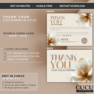 Double-sided floral thank you card Canva template with front and back designs included.
ES: Plantilla de tarjeta floral de agradecimiento de doble cara para Canva con diseños frontal y posterior incluidos.