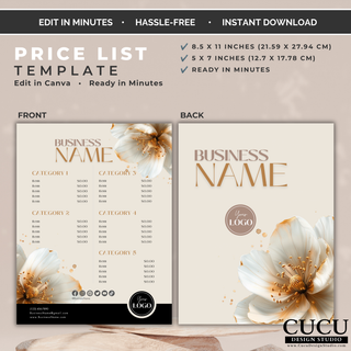 Floral price list Canva template with neutral beige colors and customizable service or product pricing sections.
ES: Plantilla de lista de precios floral para Canva en colores beige neutros con secciones personalizables para servicios o productos.