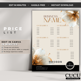 Elegant floral price list template editable in Canva for boutiques, beauty businesses, and product sellers.
ES: Elegante plantilla de lista de precios editable en Canva para boutiques, negocios de belleza y vendedores de productos.
