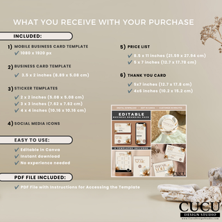 Overview of included Canva branding templates featuring business cards, stickers, thank you cards, and price lists.
ES: Resumen de las plantillas de marca para Canva incluidas, con tarjetas de presentación, etiquetas, tarjetas de agradecimiento y listas de precios.